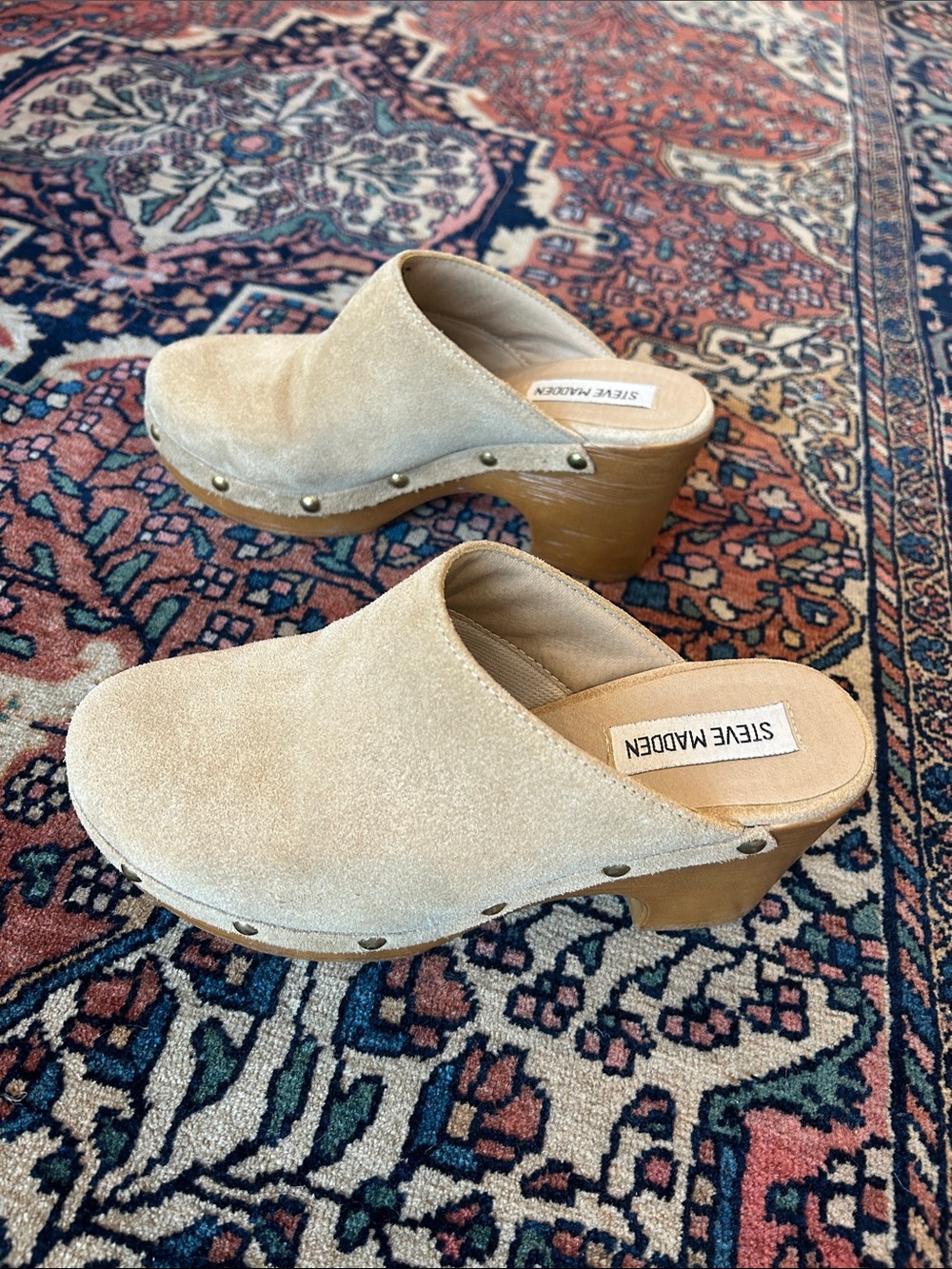 Steve Madden Tan Suede Studded Clogs